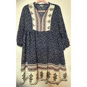 Jodifl Navy Patterned Dress Bib Front, Puff Sleeves, V-Neck Size M Boho Floral